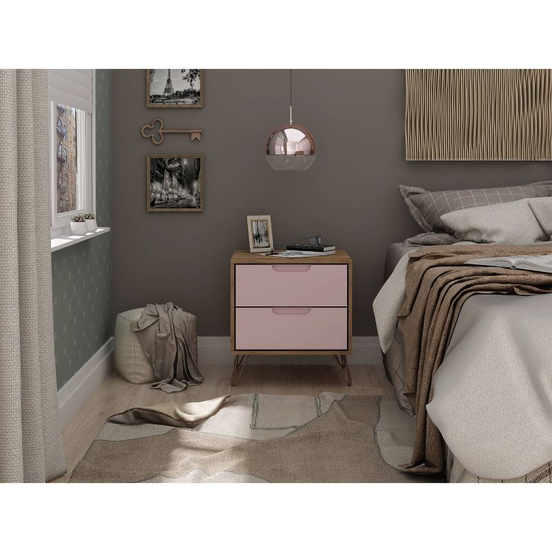 2.0 Rockefeller Nightstand Natural/Rose Pink - Manhattan Comfort: Modern MDF Bedside Storage with Metal Glides