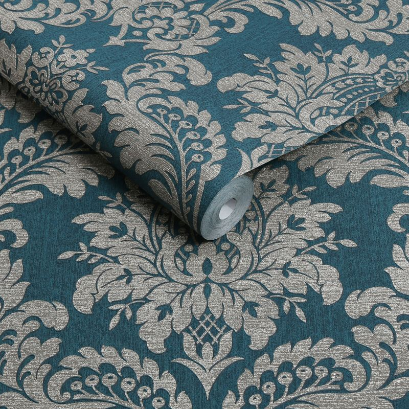Archive Damask Teal and Gold Wallpaper