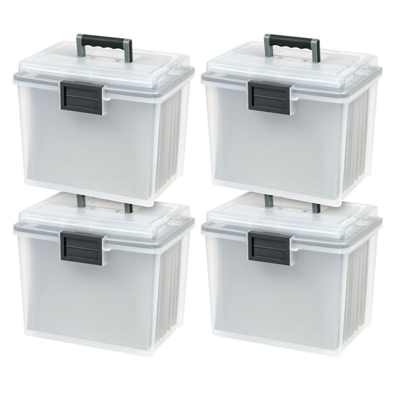 IRIS USA File Box WeatherPro Portable File Organizer Plastic File Box for Letter File w/ Organizer-Lid, Clear 19 Qt. 4 Pack