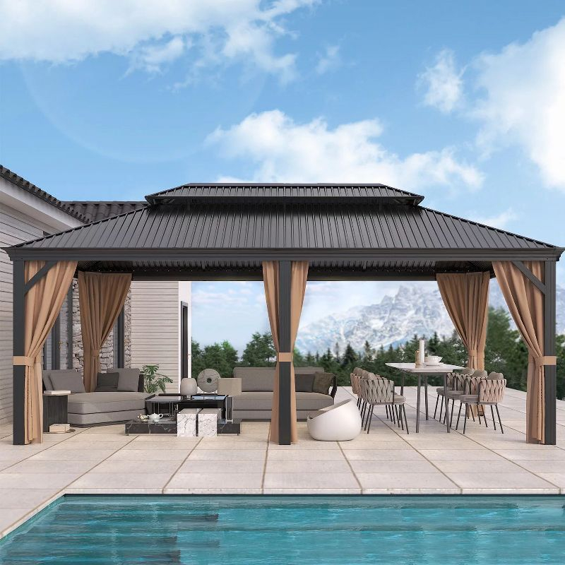 LACOO 20' × 12' Galvanized Aluminum Hardtop Permanent Gazebo with Double Roof, Netting and Curtains