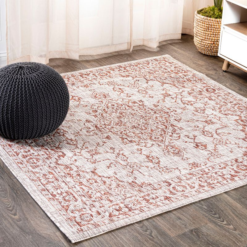 5' Square Rozetta Boho Medallion Textured Weave Indoor/Outdoor Area Rug, Red/Taupe - JONATHAN Y