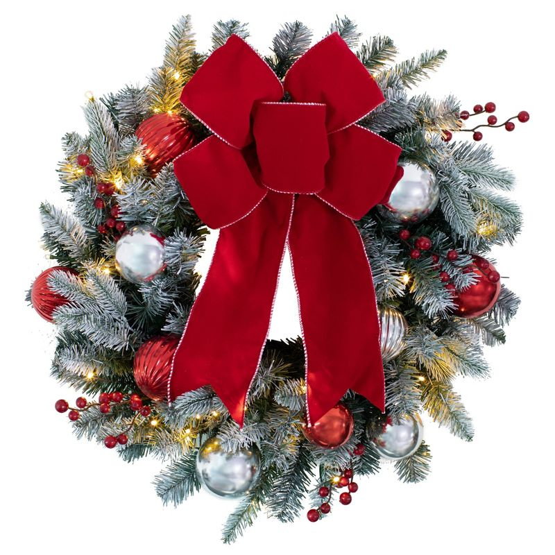 Haute Décor 24in Pre-Lit LED Flocked Wreath: Christmas Outdoor/Indoor Wreath, 50 White Lights, Faux Berries & Bow