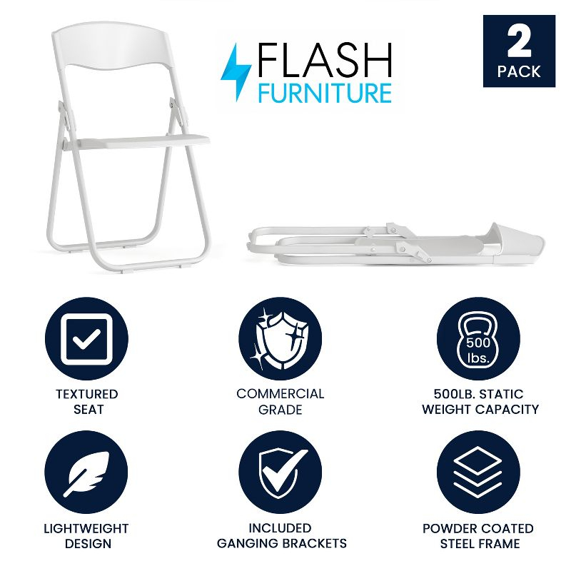 Flash Furniture 2 Pack HERCULES Series 500 lb. Capacity Heavy Duty White Plastic Folding Chair with Built-in Ganging Brackets