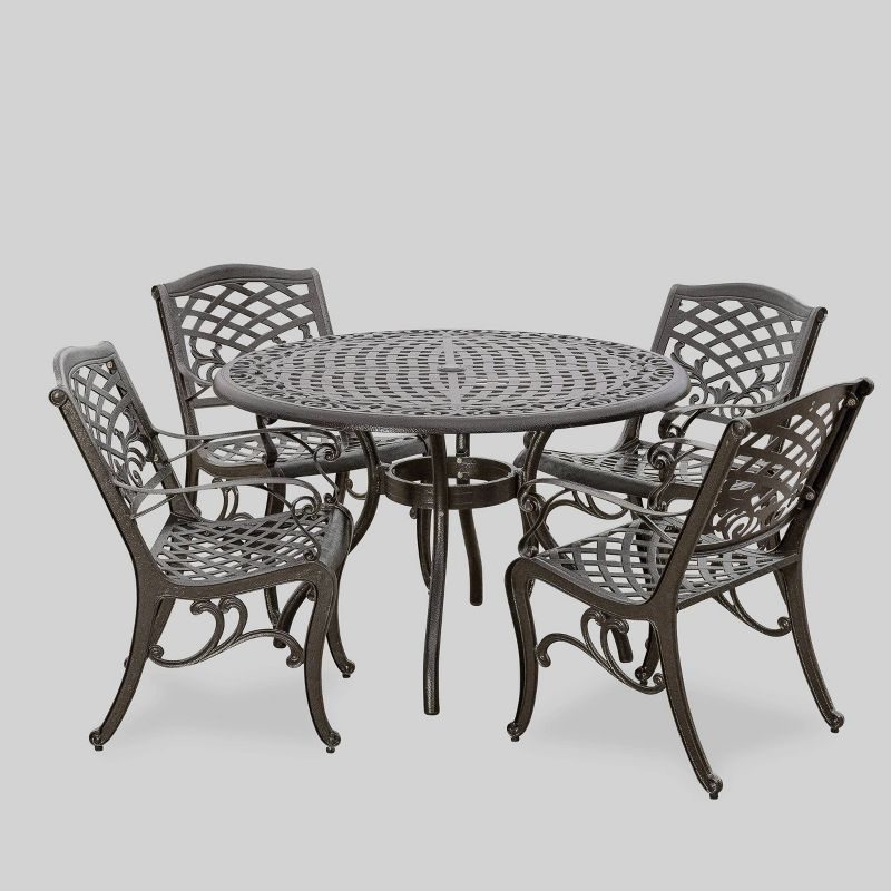 Hallandale Sarasota 5pc Cast Aluminum Patio Dining Set - Bronze - Christopher Knight Home: Weather-Resistant, 4 Arm Chairs, No Cushions