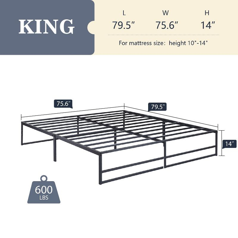 Allewie King Size Platform Bed Frame/Heavy Duty Bed Frame with 14" Clearance Storage/Strong Metal Slats Support/Noise Free/No Box Spring Needed/Black