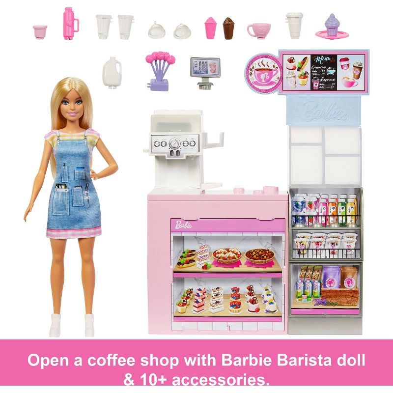 Barbie Coffee Shop Playset with Blonde Barista Doll with Working Coffee Maker & Accessories
