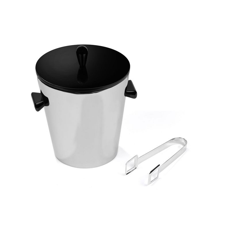 Nambe Circa Ice Bucket with Tongs, Stainless Steel with Black Resin Handles, Keeps Ice Cold, Barware Essential, for Home, Outdoor, Restaurant Use