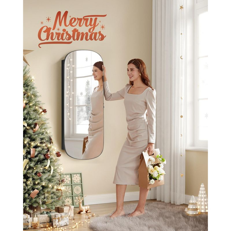 SONGMICS Jewelry Organizer, LED Jewelry Cabinet Wall or Door Mounted, Lockable Rounded Wide Mirror with Storage,Black Surface with Greige Lining