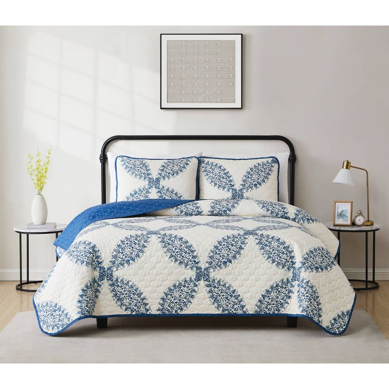Cannon 2pc Twin/Twin Extra Long Abigail Quilt Bedding Set White/Blue: Microfiber, Paisley Pattern, Machine Washable