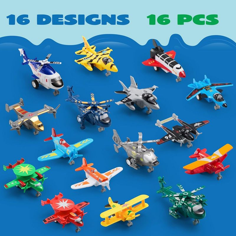 SYNCFUN 16 Pcs Pull Back Airplane Toys, Boys Plane Playset, Aircraft Incl Helicopter Toys, Fighter Jet Toys, Bomber Biplane Toy, Gifts for Toddler s