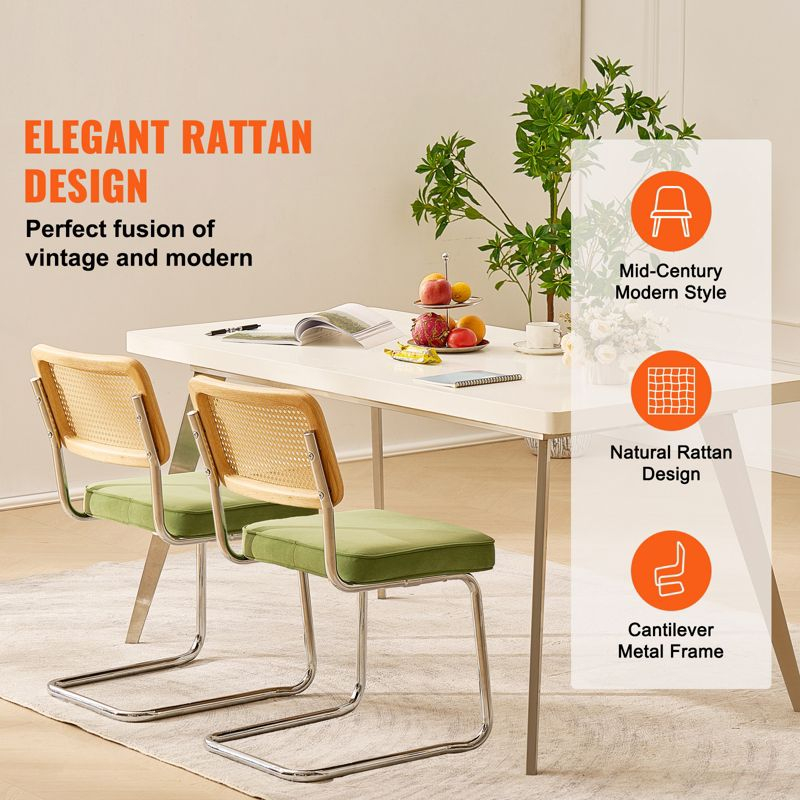 VEVOR Rattan Dining Chairs Set of 2, Mid Century Modern Dining Chair, Upholstered Velvet Accent Chair with Rattan Back,  (18.1 Inch)