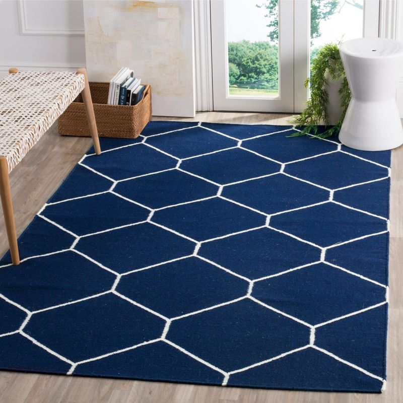 Dhurries DHU635 Hand Woven Area Rug - Navy/Ivory - 3'x5' - Safavieh.