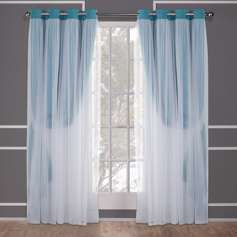 Set of 2 (63"x52") Caterina Layered Solid Blackout with Sheer Top Curtain Panels Blue Blue - Exclusive Home