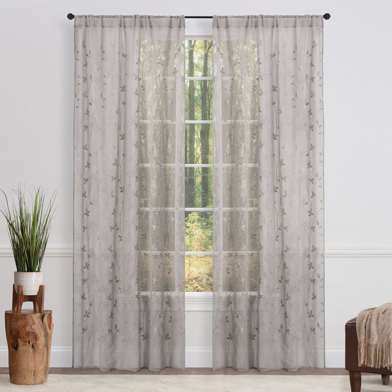 Chanasya 2pk Embroidered Vine Sheer Window Curtain Panels - Set of 2 - 52 x 96 Inches Long - Taupe