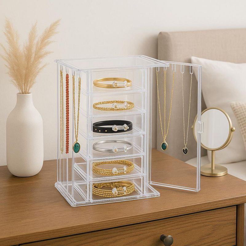 OnDisplay Clear Acrylic Jewelry Organizer Box with 6 Drawers and Side Hooks – Makeup, Necklace, and Accessory Storage for Dresser or Vanity