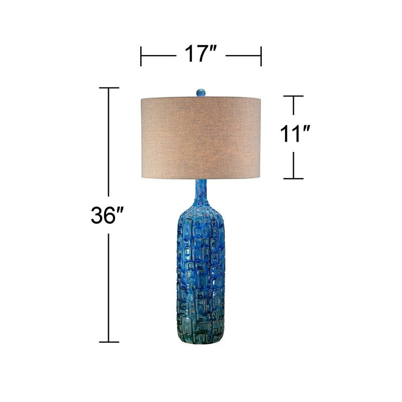 Possini Euro Design Mid Century Modern Table Lamp Ceramic Tiled Teal Tall Tan Linen Drum Shade for Living Room Family Bedroom (Colors May Vary)