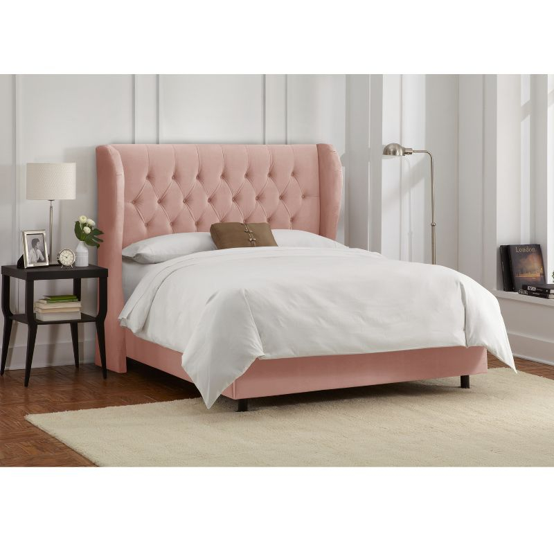 Skyline Furniture Queen Tufted Wingback Bed Blush Velvet: Contemporary Padded Headboard, Durable Pine & Metal Frame