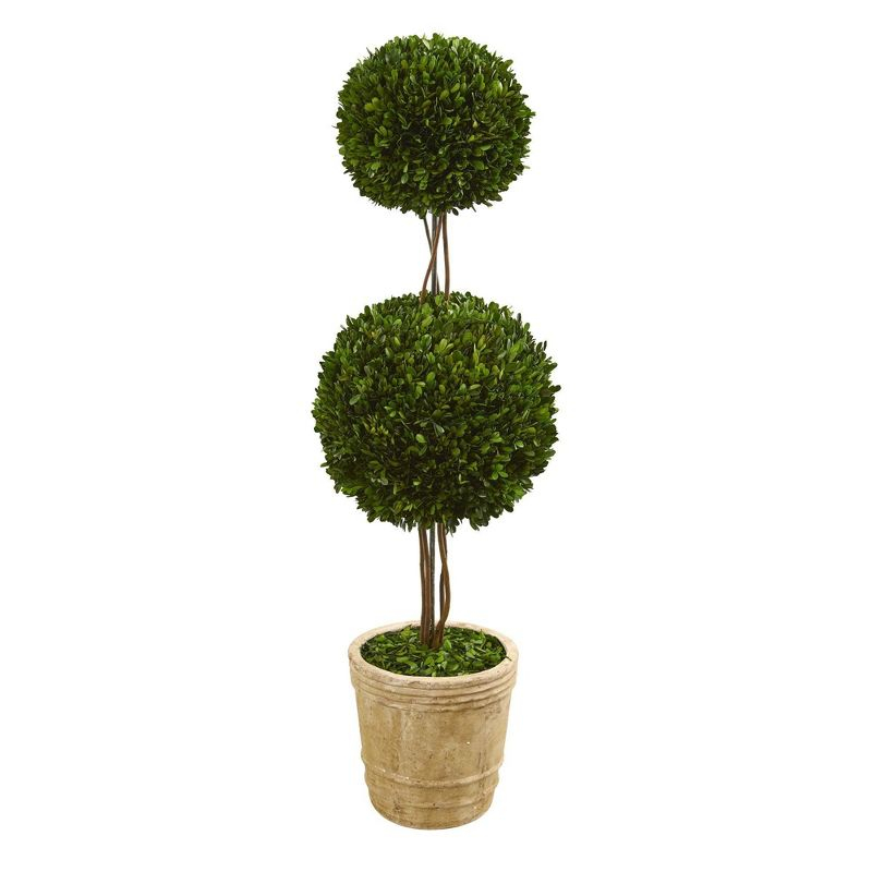Nearly Natural 4-ft Preserved Boxwood Double Ball Topiary Tree in Planter