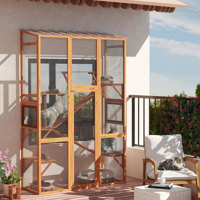 PawHut Outdoor Catio Cat Enclosure, Large Wooden Cat House with 6 Jumping Platforms, Scratching Post, 2 Ramps, Waterproof Roof, for 2-3 Kittens
