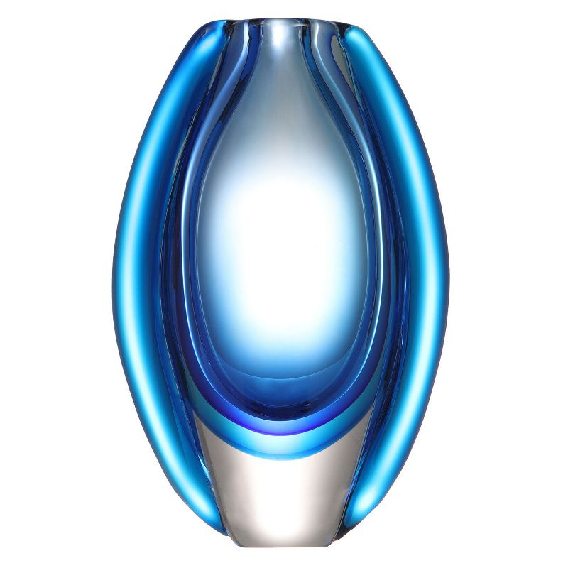 Luxury Lane Hand Blown Sommerso Oval Art Glass Vase Blue 10"H