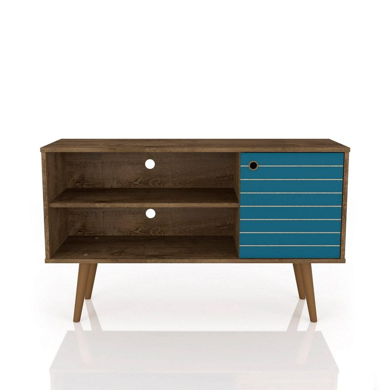 Liberty Mid-Century Modern 2 Shelves and 1 Door TV Stand for TVs up to 46" Rustic Brown/Aqua Blue - Manhattan Comfort