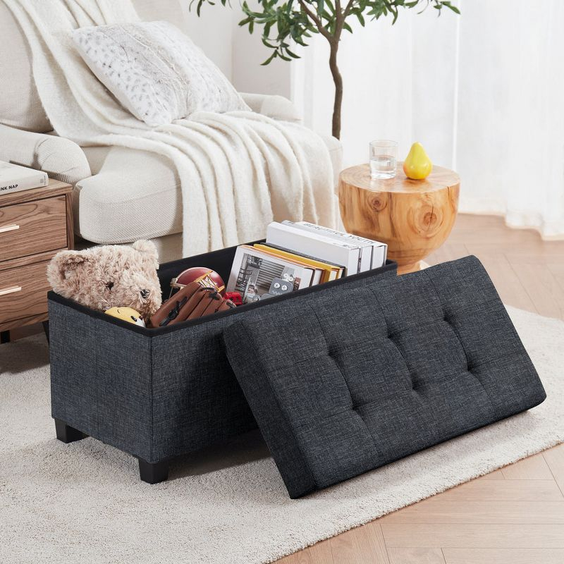 Ornavo Home Foldable Tufted 30 Inch Linen Bench Storage Ottoman with Legs - Black