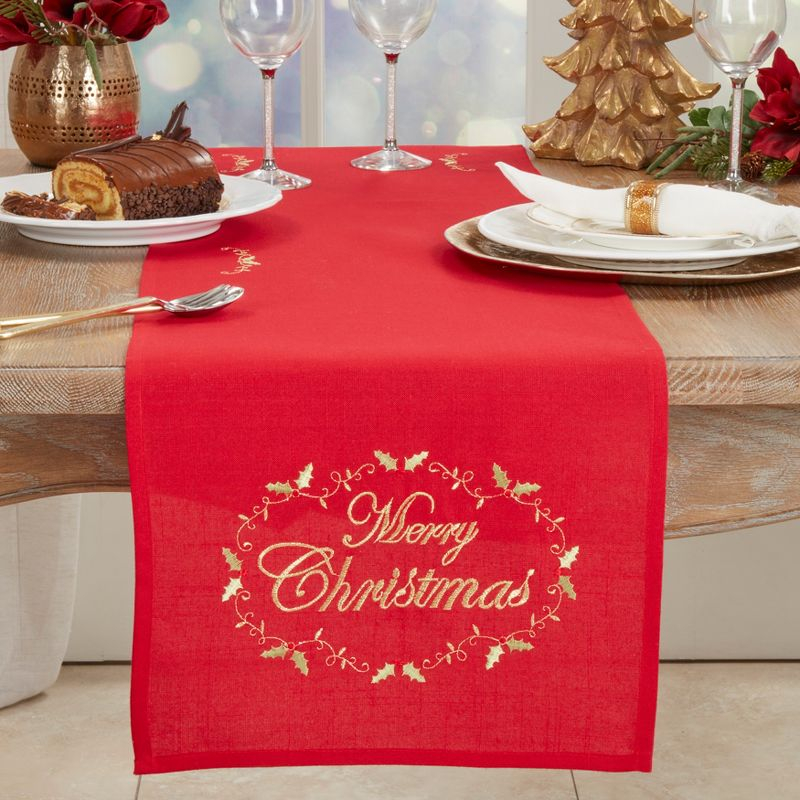 Saro Lifestyle Merry Christmas Embroidered Design Table Runner, 14"x90", Red