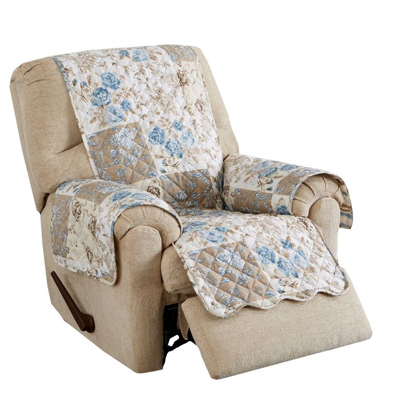 Great Bay Home Floral Patchwork Reversible Furniture Protector  (Recliner, Taupe / Blue)