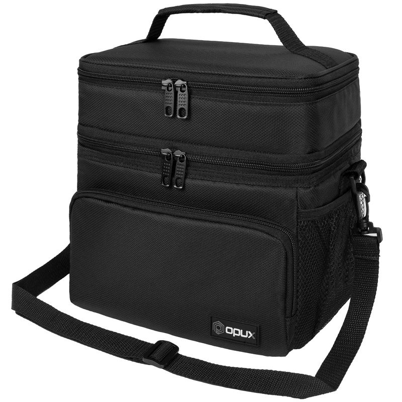 OPUX Insulated Lunch Box Men Women, Large Soft Cooler Bag Work School Picnic, Leakproof Tote Shoulder Strap Kid Adult (Black, Double Deck)