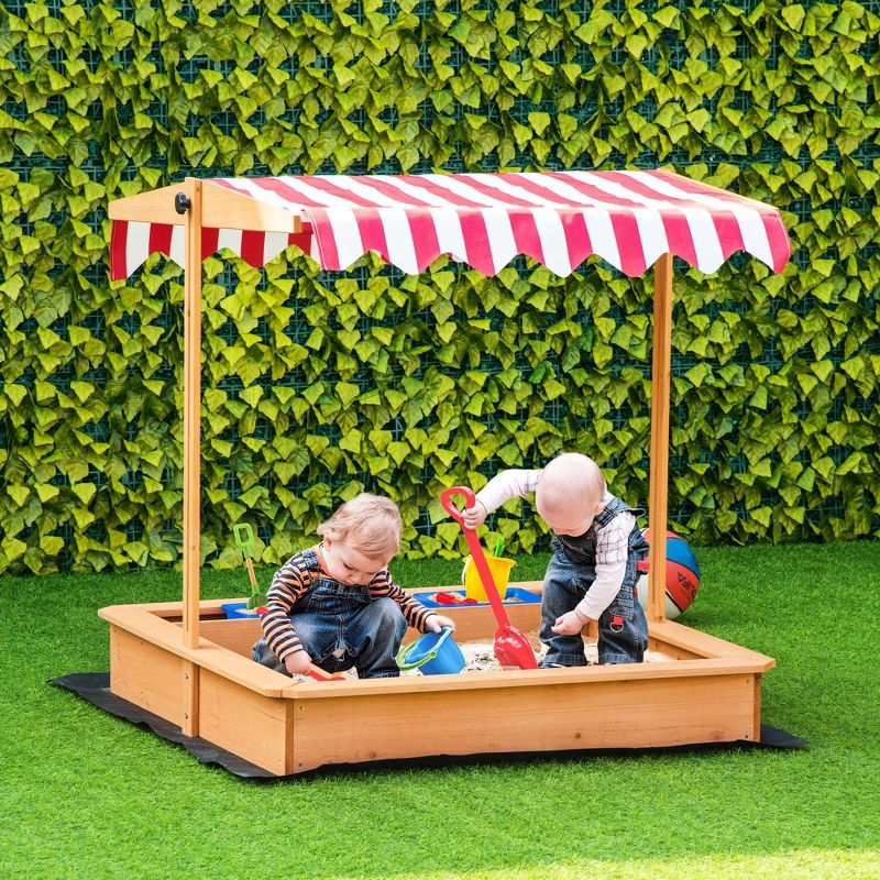 Outsunny Kids Wooden Sandbox, Children Sand Play Station Outdoor, with Adjustable Height Cover, Bottom Liner, Seat, Plastic Basins, Boys and Girls