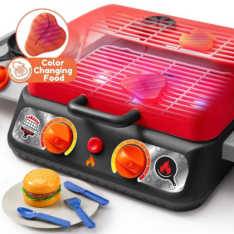 Kids BBQ Grill Playset, Kitchen Toy Set with Pretend Smoke, Light,Indoor Outdoor Cooking Toy for Boys Girls Kids