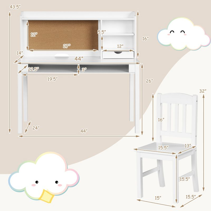 Costway Kids Desk & Chair Set Study Writing Desk w/ Hutch & Bookshelves White
