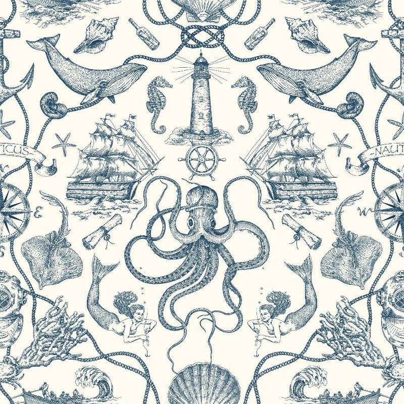 RoomMates Deep Sea Toile Blue Peel and Stick Wallpaper: Nautical Vinyl, Mermaid & Seahorses, Self-Adhesive, 28.18 Sq Ft Coverage