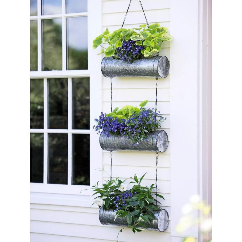 Gardener's Supply Company Galvanized Triple Hanging Planter | 3 Tier Sturdy Metal Rustic Farmhouse Decorative Wall Planters for Indoor & Outdoor