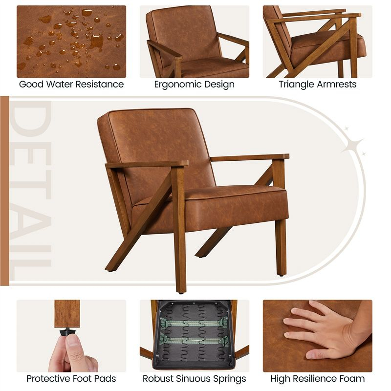 Yaheetech Faux Leather Armchair Accent Chair with Wood Legs for Living Room, Light Brown