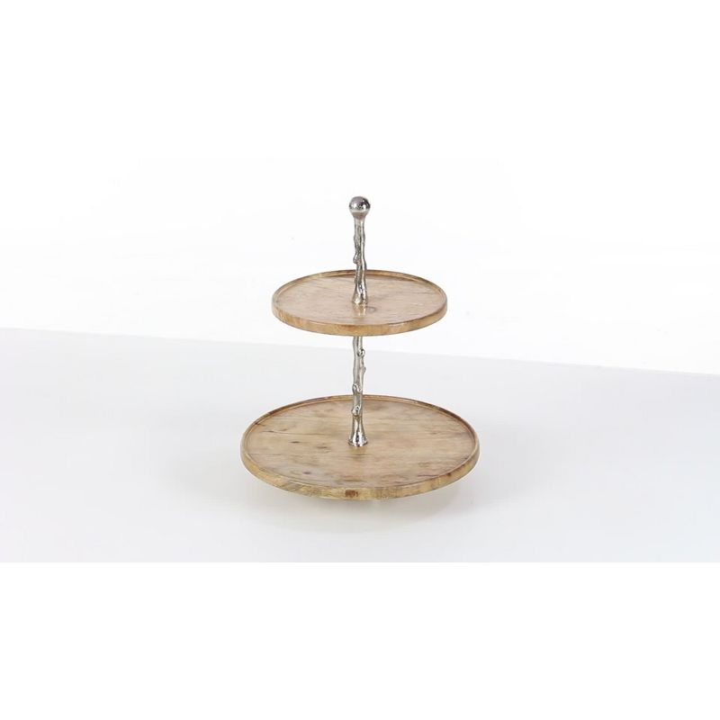 18" 2-Tier Round Modern Mango Wood and Aluminum Tray Stand Brown - Olivia & May: Chic Display for Decor, Non-Food Safe, Indoor Use