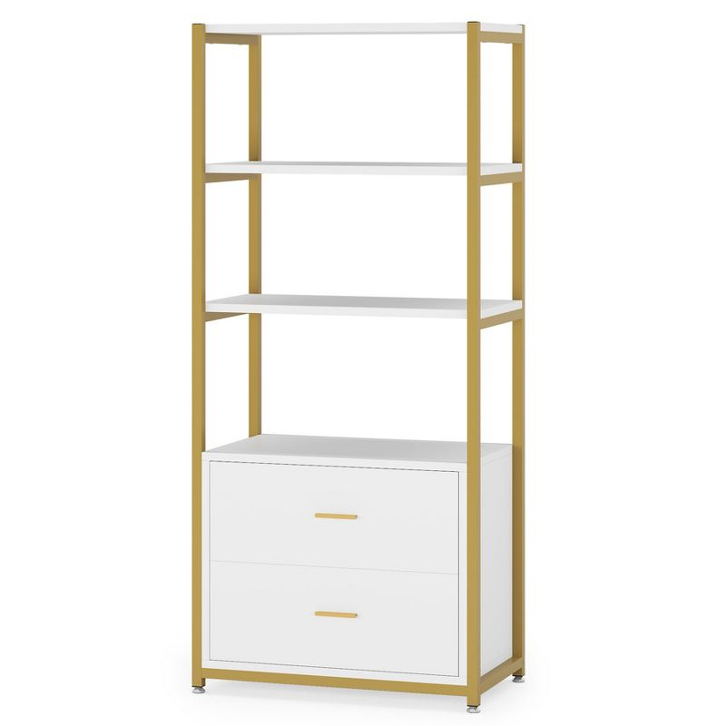 Tribesigns 4-Tier Bookshelf with 2 Drawers White/Gold