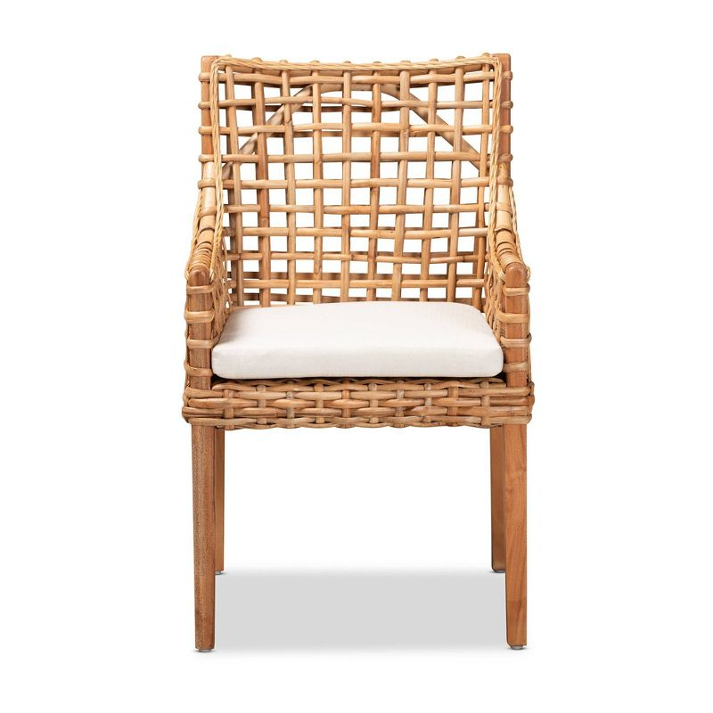 bali & pari Saoka Wood and Rattan Armchair Natural Brown/White: Polyester Upholstered, No Assembly Required