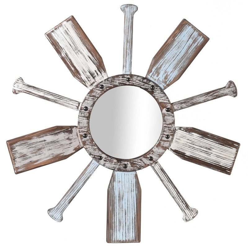 Montauk Weathered Boat Paddle Wall Mirror White/Blue - StyleCraft: No Assembly, Round Shape, Glass & Iron