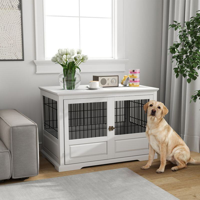 PawHut Dog Crate Furniture, 43" Dog Kennel End Table with 3 Doors, Removable Tray, for Extra Large Medium Small Dogs, Indoor Use, White
