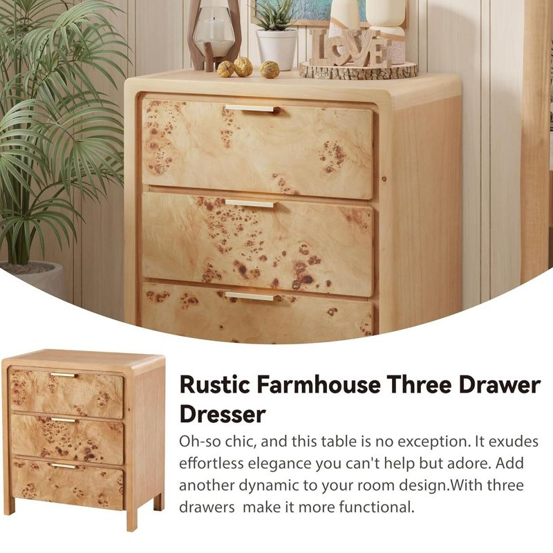 COZAYH Farmhouse 3 Drawer Dresser, Rustic Vintage Nightstand, Home Bedroom Wooden Side Table Burl Finish Vintage Accent, Natural