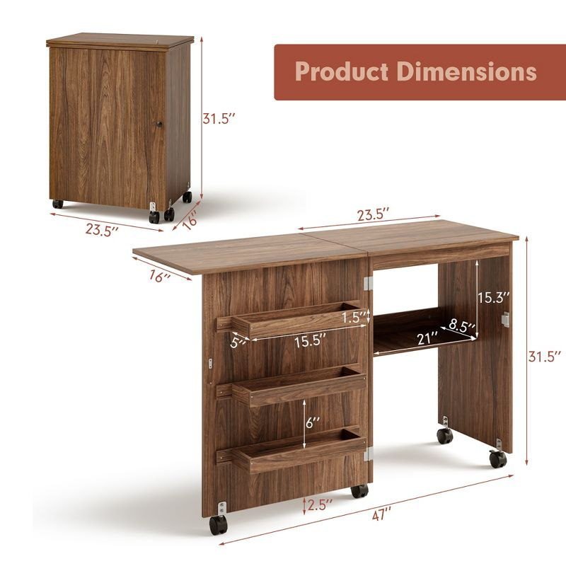 Costway Folding Sewing Craft Table Shelf Storage Cabinet Home Furniture W/Wheels Brown