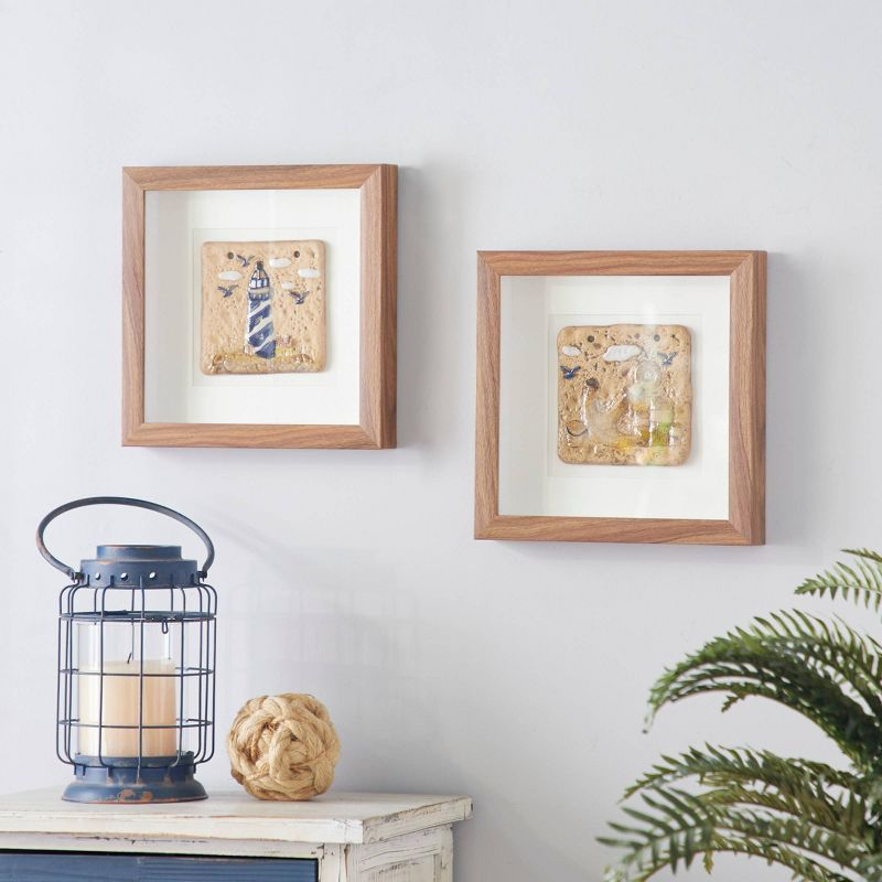 (Set of 2) 12" x 12"Coastal Style Lighthouse and Anchor Shadow Box Wall Decor in Square Wood Frames - Olivia & May
