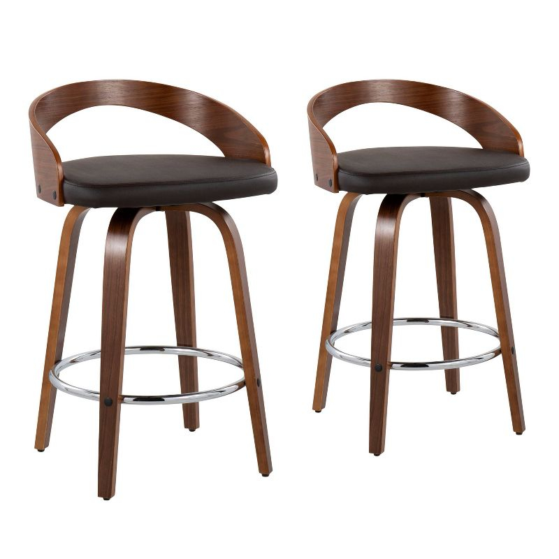 Set of 2 Grotto Upholstered Counter Height Barstools Brown/Walnut - Lumisource: Chrome Footrest, Wood Legs, Swivel Seat
