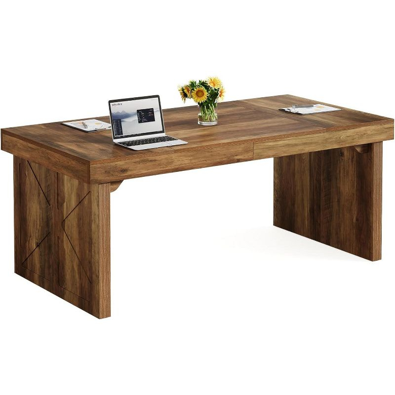 Tribesigns 63-Inch Executive Computer Desk, Industrial Writing Table with Solid Wooden Base for Home Office, Brown
