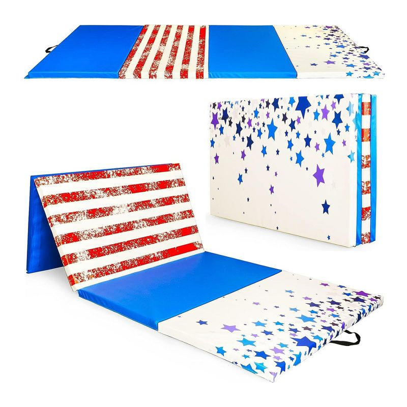 BalanceFrom Folding Gymnastics Mat, Thick Home Gym Floor Tumbling Equipment, Star/Stripe - Portable Exercise and Workout Pad for Pilates, Aerobics,