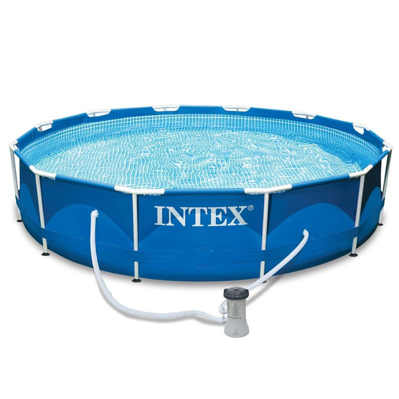 Intex 12 Foot x 30 Inch Round Metal Frame Above Ground Outdoor Swimming Pool Set with Filter Pump and Easy Set Round Vinyl Pool Cover, Blue