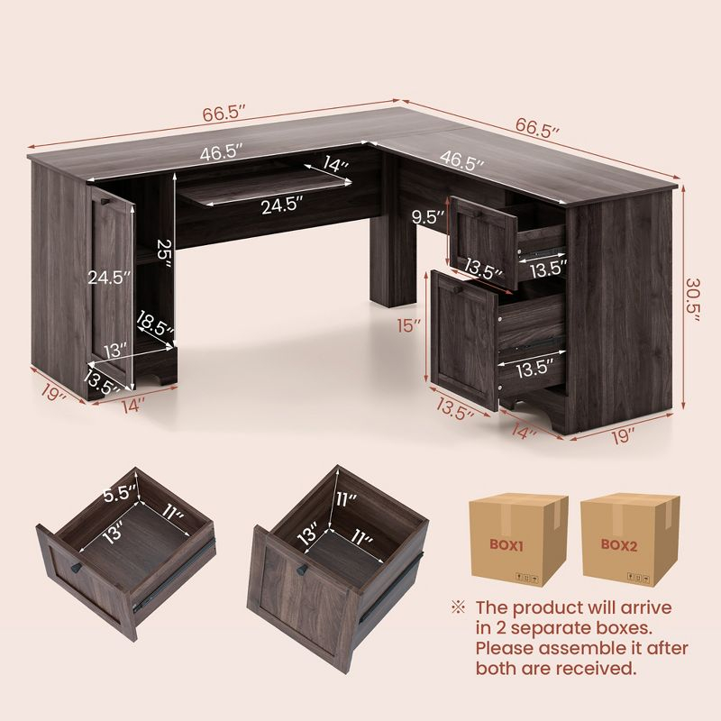 Costway 66.5'' L Shaped Home Office Desk Corner Computer Desk Keyboard Tray Dark Brown