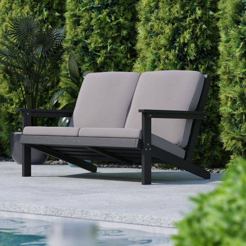Flash Furniture Charlestown All-Weather Poly Resin Wood Adirondack Style Deep Seat Patio Loveseat with Cushions, Black/Charcoal