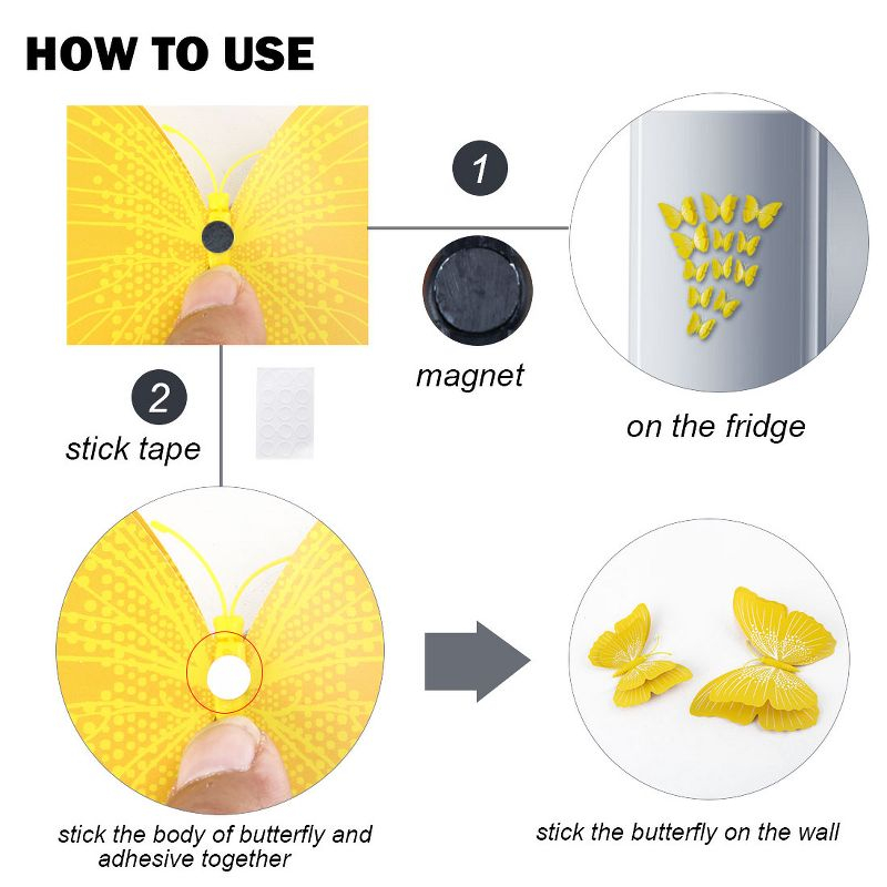 Unique Bargains Room 3D Butterfly Wall Stickers 12 Pcs Yellow